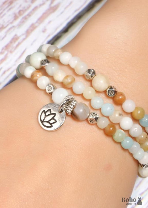 Boho Bracelet, Layers Green Amazonite Mala Mantra Lotus